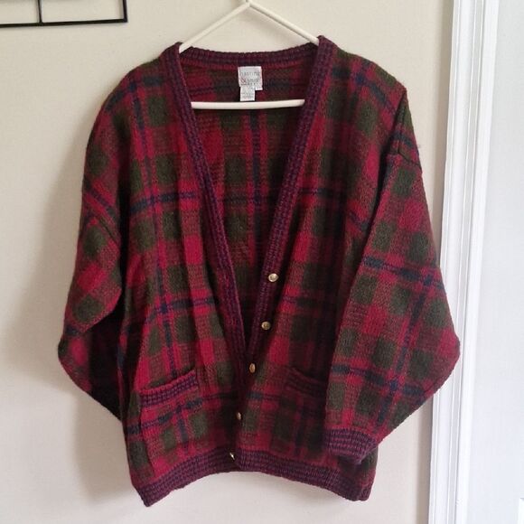 Vintage 80s Hastings & Smith Wool Blend Plaid Cardigan Sweater Red Green Size 2X - Picture 2 of 6